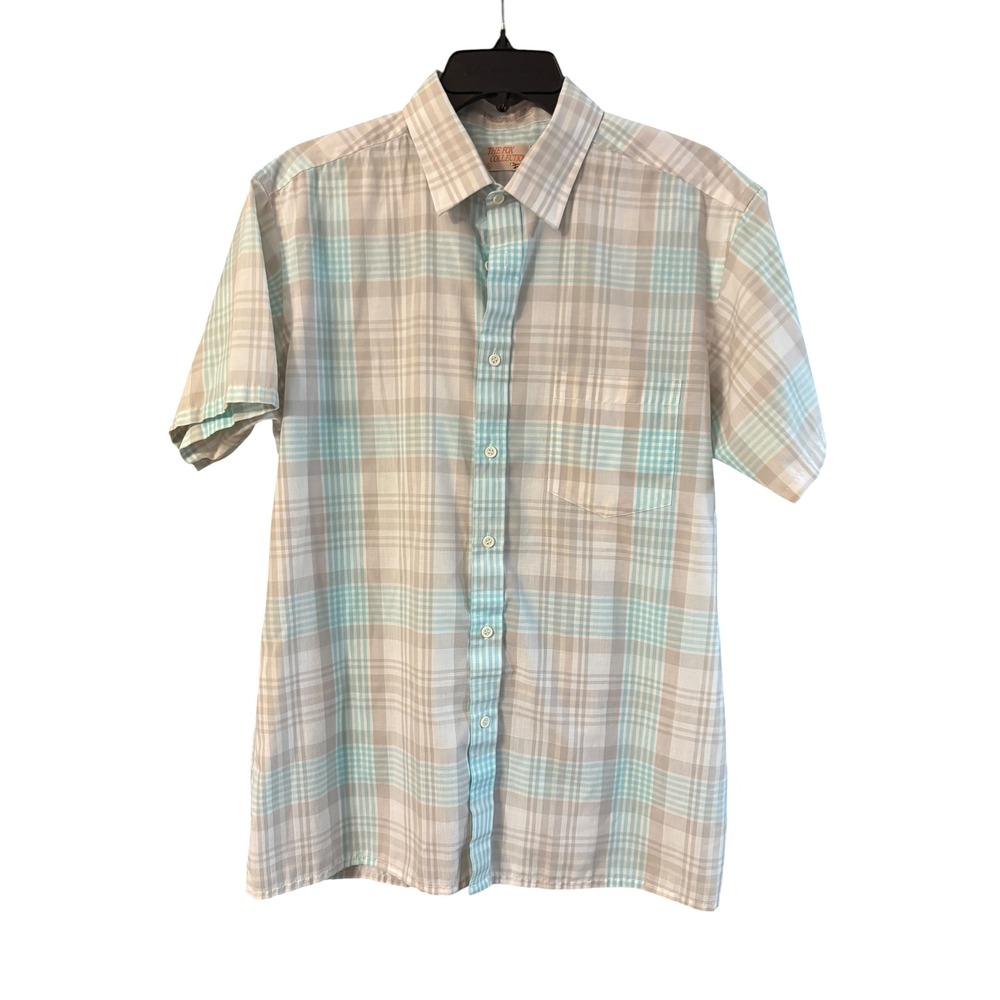 The Fox Collection Vintage Mens Plaid Short Sleeve Button Down Shirt Blue Tan L